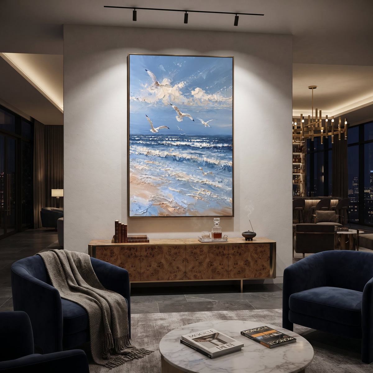 Seagulls Over Ocean focuses on this hand-painted textured canvas features coastal surf, raised seafoam, shoreline movement, and layered blue-green water texture, built with raised palette-knife texture, layered brushwork, and sculptural plaster-like depth. The composition is described from the actual main image, so the visible subject, color balance, spacing, and surface movement stay specific to this product instead of reading like a batch title. Raised palette-knife layers, sculpted impasto