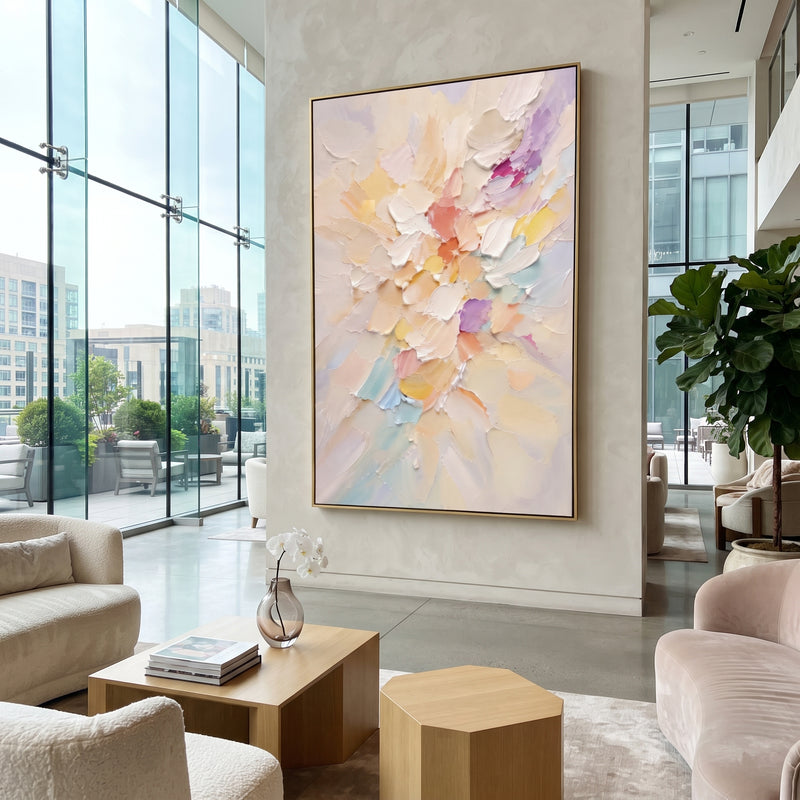 "Pastel Floral Bloom" - Modern Heavy Impasto Floral Abstract | Pink & Yellow Palette Knife Painting | Luxury Vertical Wall Art #PT 1847
