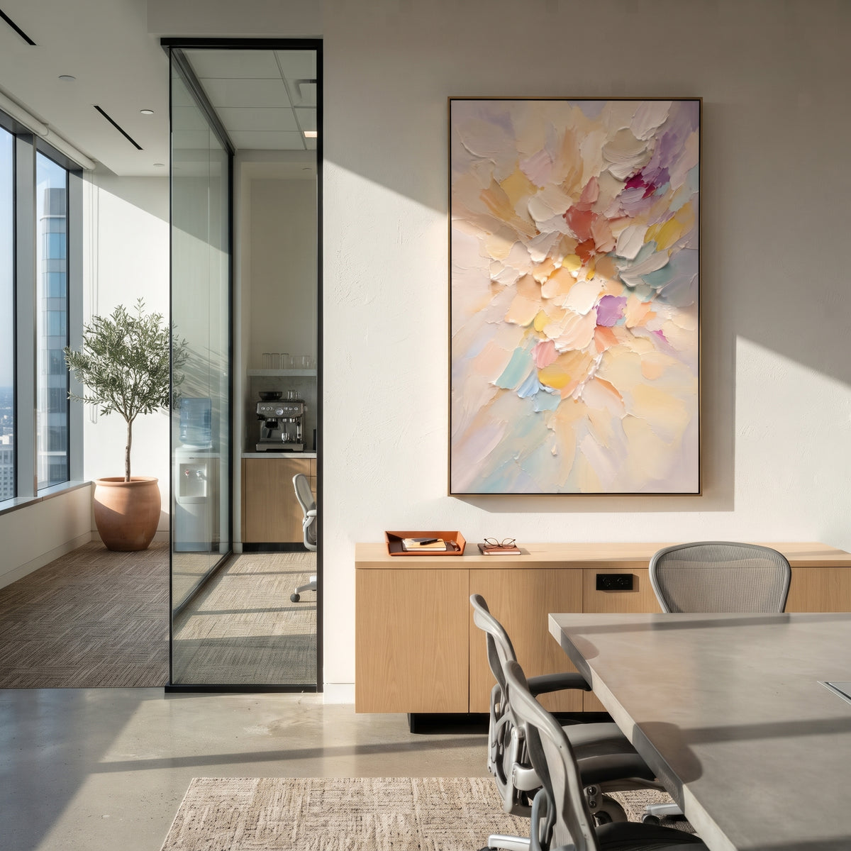 Pastel Floral Bloom focuses on this hand-painted textured canvas features geometric relief forms, carved linework, layered plaster blocks, and measured modern surface rhythm, built with raised palette-knife texture, layered brushwork, and sculptural plaster-like depth. The composition is described from the actual main image, so the visible subject, color balance, spacing, and surface movement stay specific to this product instead of reading like a batch title. Raised palette-knife layers