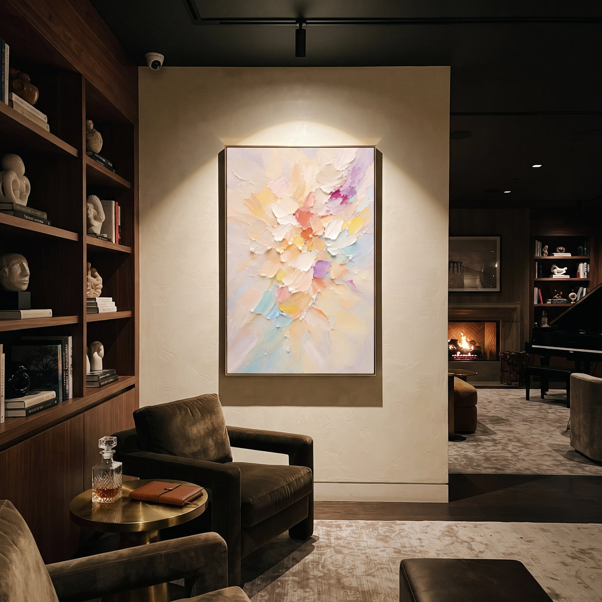 Pastel Floral Bloom focuses on this hand-painted textured canvas features geometric relief forms, carved linework, layered plaster blocks, and measured modern surface rhythm, built with raised palette-knife texture, layered brushwork, and sculptural plaster-like depth. The composition is described from the actual main image, so the visible subject, color balance, spacing, and surface movement stay specific to this product instead of reading like a batch title. Raised palette-knife layers