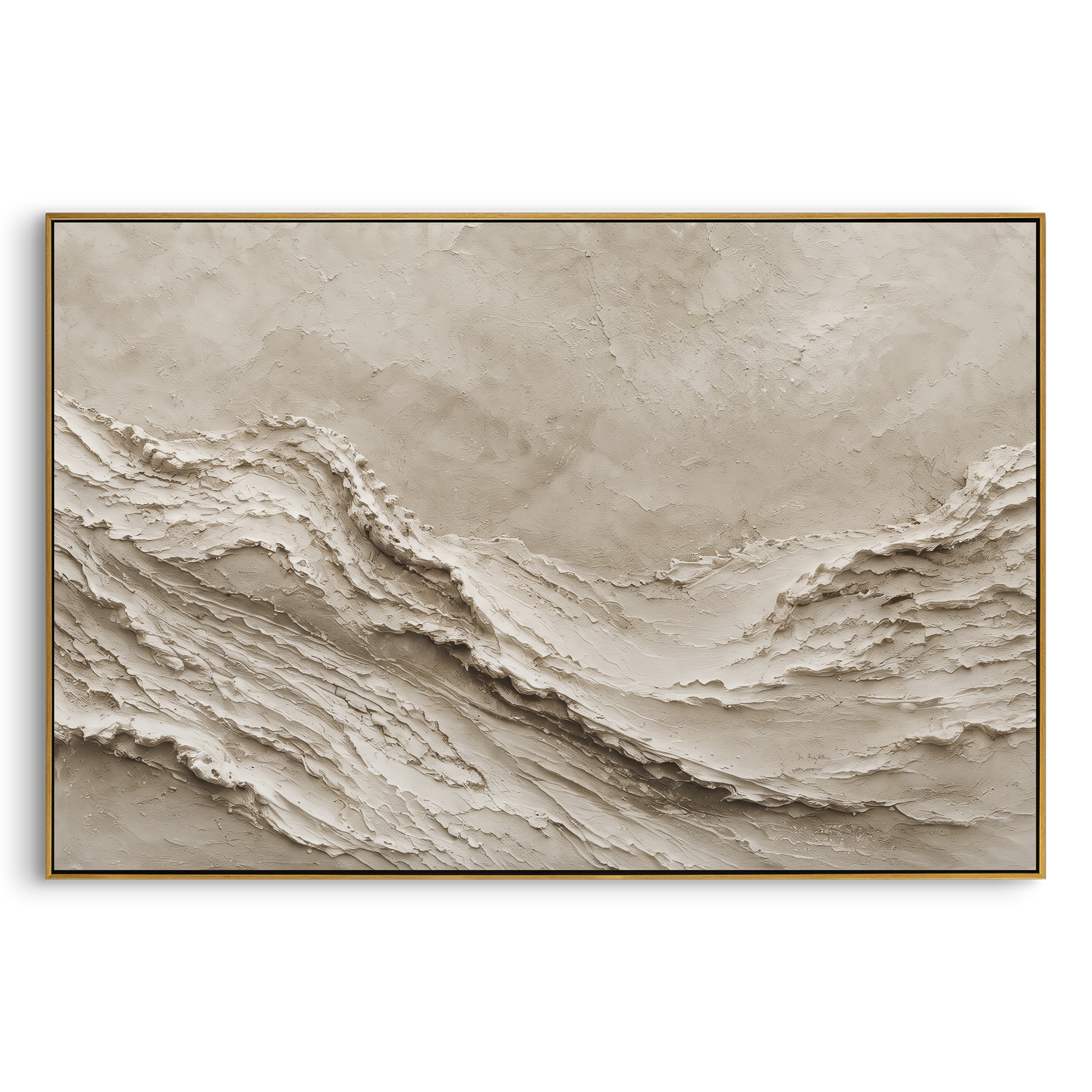 Neutral Ridge Relief focuses on this hand-painted textured canvas features geometric relief forms, carved linework, layered plaster blocks, and measured modern surface rhythm, built with raised palette-knife texture, layered brushwork, and sculptural plaster-like depth. The composition is described from the actual main image, so the visible subject, color balance, spacing, and surface movement stay specific to this product instead of reading like a batch title. Raised palette-knife layers
