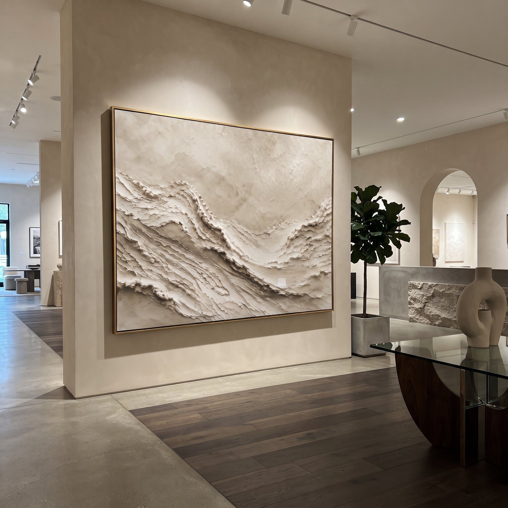 Neutral Ridge Relief focuses on this hand-painted textured canvas features geometric relief forms, carved linework, layered plaster blocks, and measured modern surface rhythm, built with raised palette-knife texture, layered brushwork, and sculptural plaster-like depth. The composition is described from the actual main image, so the visible subject, color balance, spacing, and surface movement stay specific to this product instead of reading like a batch title. Raised palette-knife layers