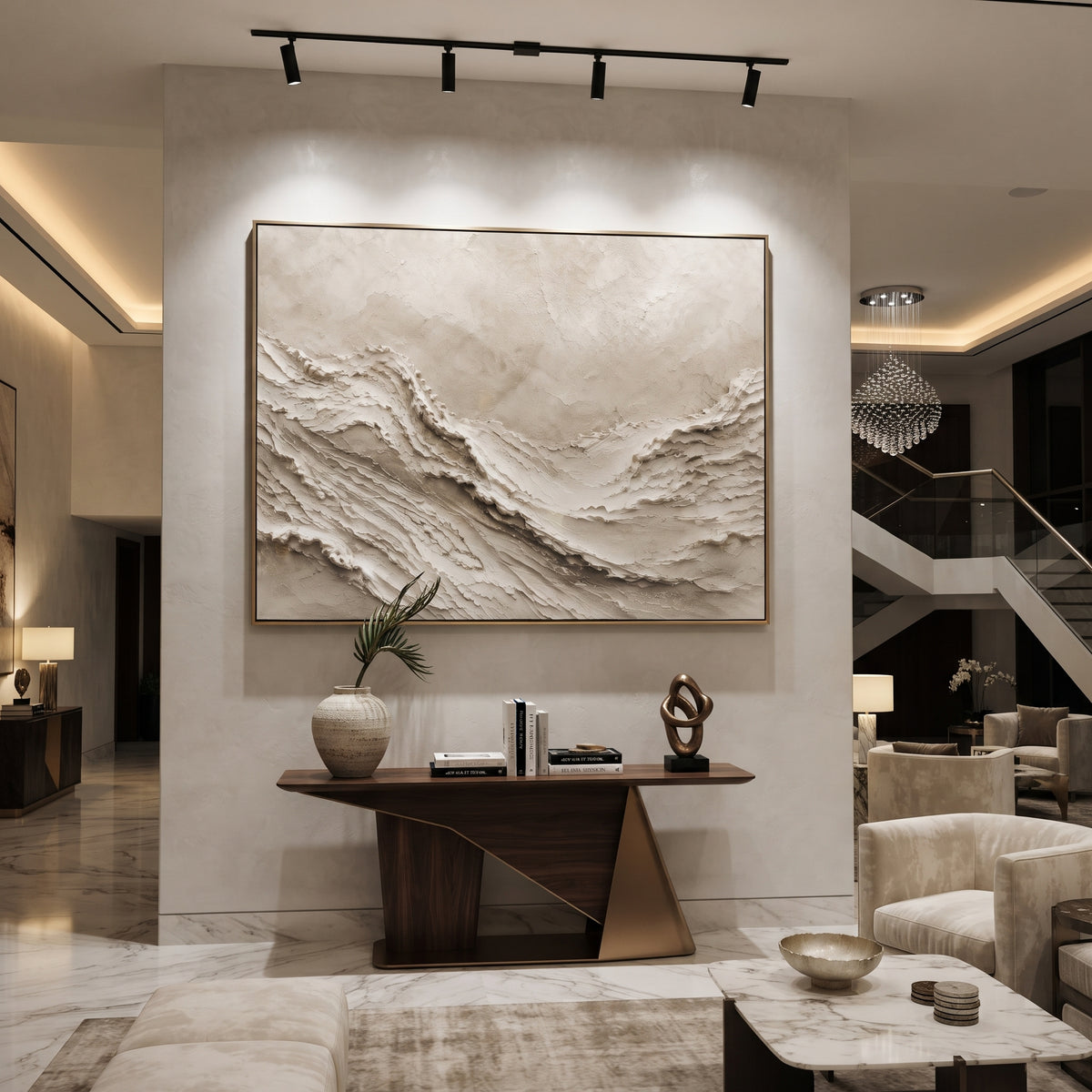Neutral Ridge Relief focuses on this hand-painted textured canvas features geometric relief forms, carved linework, layered plaster blocks, and measured modern surface rhythm, built with raised palette-knife texture, layered brushwork, and sculptural plaster-like depth. The composition is described from the actual main image, so the visible subject, color balance, spacing, and surface movement stay specific to this product instead of reading like a batch title. Raised palette-knife layers