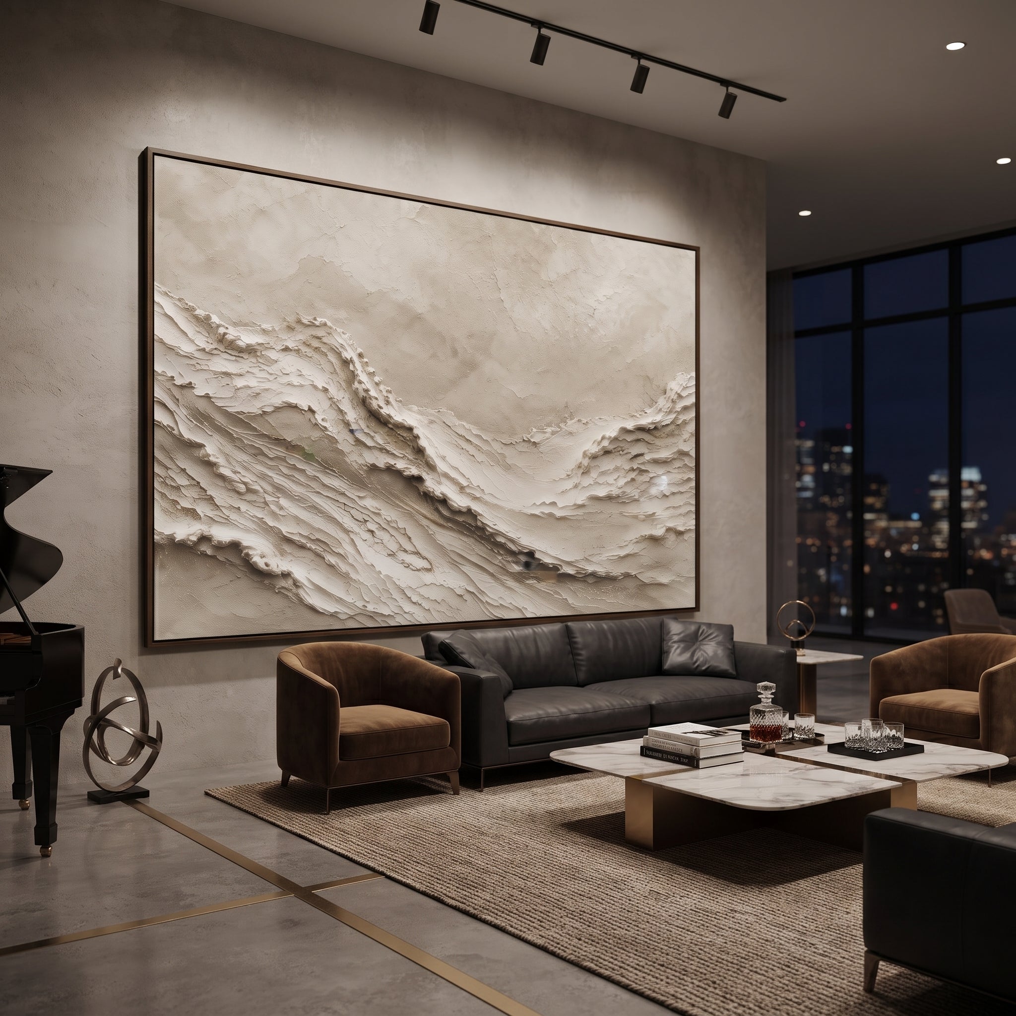 Neutral Ridge Relief focuses on this hand-painted textured canvas features geometric relief forms, carved linework, layered plaster blocks, and measured modern surface rhythm, built with raised palette-knife texture, layered brushwork, and sculptural plaster-like depth. The composition is described from the actual main image, so the visible subject, color balance, spacing, and surface movement stay specific to this product instead of reading like a batch title. Raised palette-knife layers