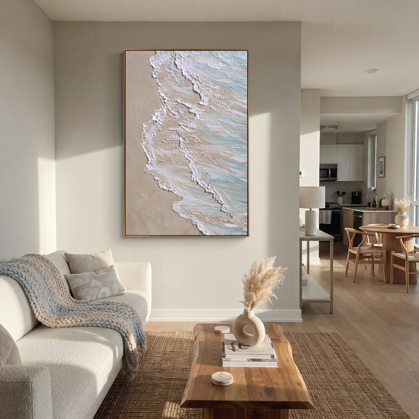 "Coastal Map Relief" - Modern Heavy Impasto Coastal Landscape | Beige & White Palette Knife Painting | Luxury Vertical Wall Art #PT 1849