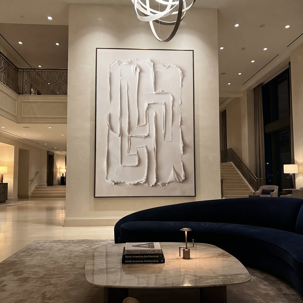 White Geometric Maze Relief focuses on this hand-painted textured canvas features abstract plaster relief, carved organic movement, layered neutral surfaces, and sculptural handmade texture, built with raised palette-knife texture, layered brushwork, and sculptural plaster-like depth. The composition is described from the actual main image, so the visible subject, color balance, spacing, and surface movement stay specific to this product instead of reading like a batch title. Raised