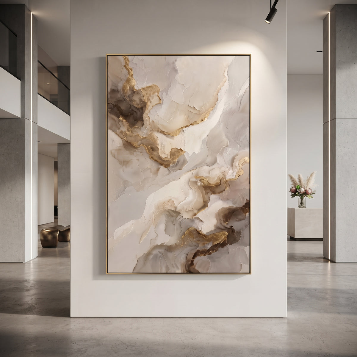 White Gold Marble Abstract focuses on this hand-painted textured canvas features geometric relief forms, carved linework, layered plaster blocks, and measured modern surface rhythm, built with raised palette-knife texture, layered brushwork, and sculptural plaster-like depth. The composition is described from the actual main image, so the visible subject, color balance, spacing, and surface movement stay specific to this product instead of reading like a batch title. Raised palette-knife layers