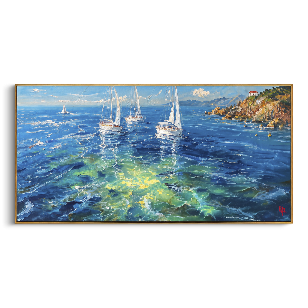 Blue Sailboat Coast focuses on this hand-painted textured canvas features coastal surf, raised seafoam, shoreline movement, and layered blue-green water texture, built with raised palette-knife texture, layered brushwork, and sculptural plaster-like depth. The composition is described from the actual main image, so the visible subject, color balance, spacing, and surface movement stay specific to this product instead of reading like a batch title. Raised palette-knife layers, sculpted impasto