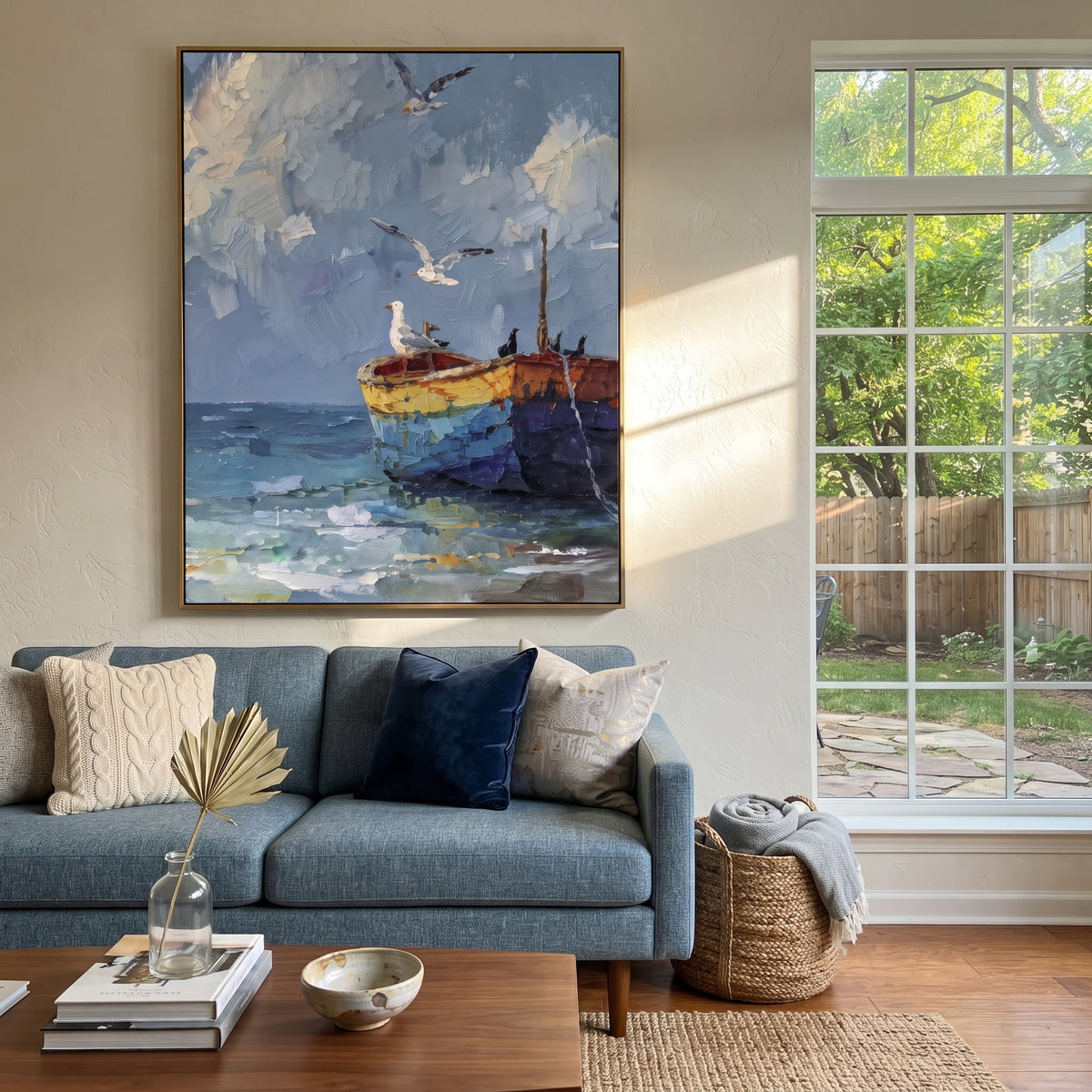 Colorful Boat With Seagulls focuses on this hand-painted textured canvas features coastal surf, raised seafoam, shoreline movement, and layered blue-green water texture, built with raised palette-knife texture, layered brushwork, and sculptural plaster-like depth. The composition is described from the actual main image, so the visible subject, color balance, spacing, and surface movement stay specific to this product instead of reading like a batch title. Raised palette-knife layers, sculpted