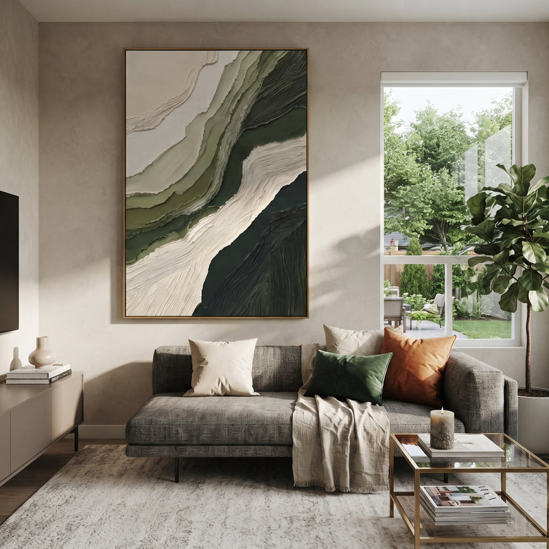 "Layered Forest Green Terrain Relief" - Modern Heavy Impasto Topographic Abstract | Green & Black Palette Knife Painting | Luxury Vertical Wall Art #PT 1854