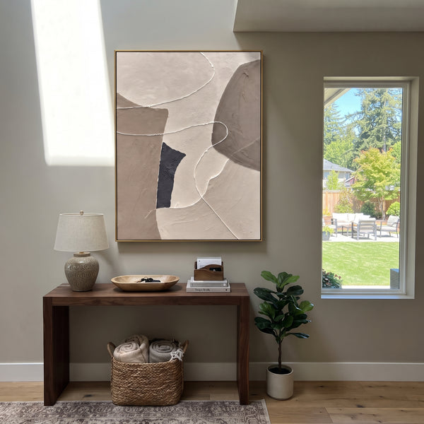 "Taupe Cutout Geometry Relief" - Modern Heavy Impasto Geometric Abstract | Orange & Black Palette Knife Painting | Luxury Vertical Wall Art #PT 1856