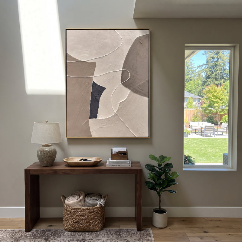 "Taupe Cutout Geometry Relief" - Modern Heavy Impasto Geometric Abstract | Orange & Black Palette Knife Painting | Luxury Vertical Wall Art #PT 1856