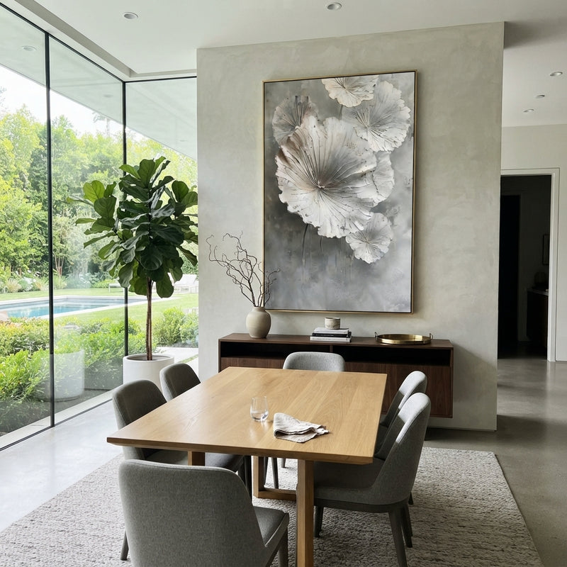 "White Poppy Blossom Relief" - Modern Heavy Impasto Floral Abstract | Black & White Palette Knife Painting | Luxury Vertical Wall Art #PT 1857