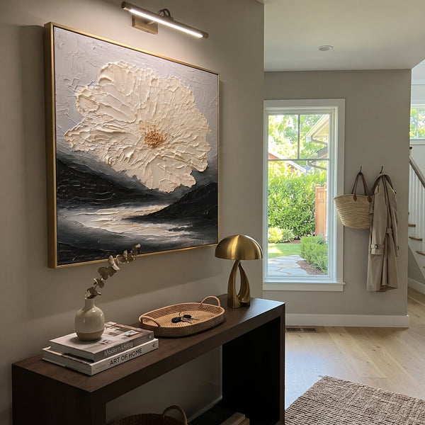 "Ivory Flower Over Dark Seascape Relief" - Modern Heavy Impasto Floral Abstract | Blue & Orange Palette Knife Painting | Luxury Square Wall Art #PT 1858