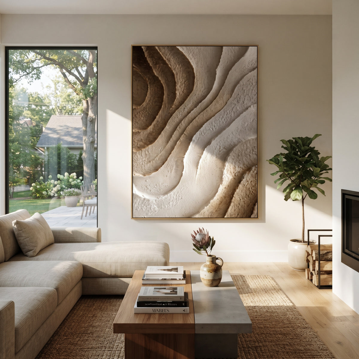 Brown And Ivory Ripple Relief focuses on this hand-painted textured canvas features abstract forms, carved edges, layered plaster surfaces, and measured geometric movement. The composition is described from the actual main image, so the visible subject, color balance, spacing, and surface movement stay specific to this product instead of reading like a batch title. Raised palette-knife layers, sculpted impasto ridges, softened brush transitions, and tactile handmade texture give the canvas