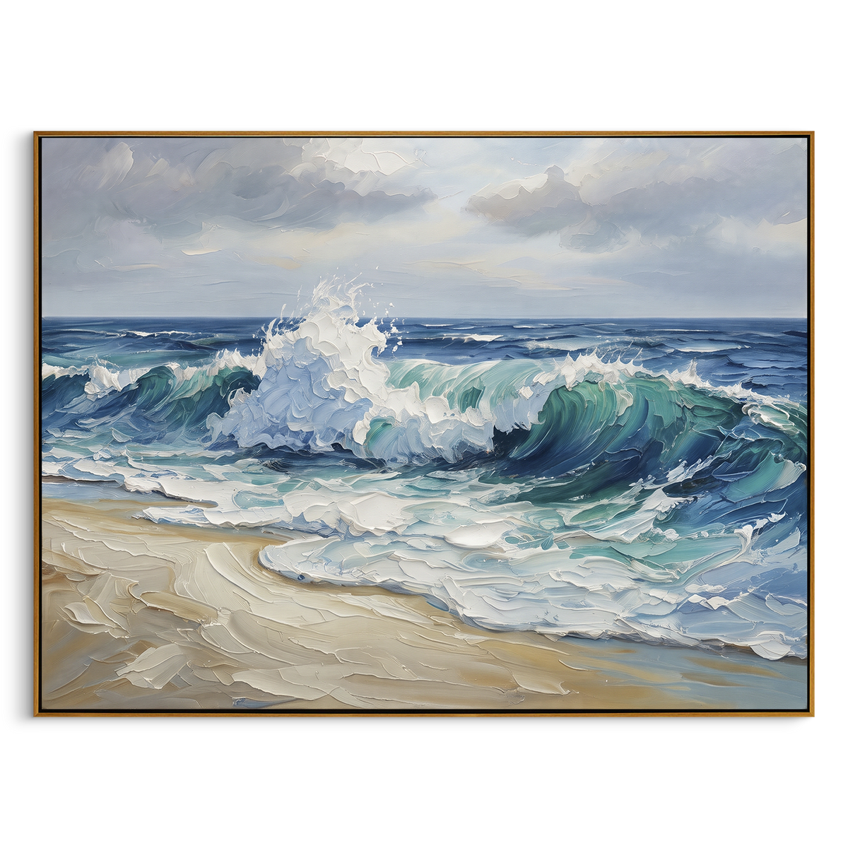 Stormy Blue Beach Wave focuses on this hand-painted textured canvas features layered water movement, raised seafoam ridges, shoreline texture, and coastal color depth. The composition is described from the actual main image, so the visible subject, color balance, spacing, and surface movement stay specific to this product instead of reading like a batch title. Raised palette-knife layers, sculpted impasto ridges, softened brush transitions, and tactile handmade texture give the canvas