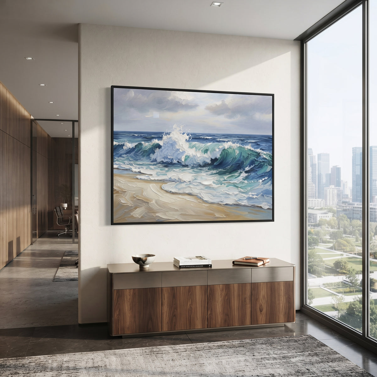 Stormy Blue Beach Wave focuses on this hand-painted textured canvas features layered water movement, raised seafoam ridges, shoreline texture, and coastal color depth. The composition is described from the actual main image, so the visible subject, color balance, spacing, and surface movement stay specific to this product instead of reading like a batch title. Raised palette-knife layers, sculpted impasto ridges, softened brush transitions, and tactile handmade texture give the canvas