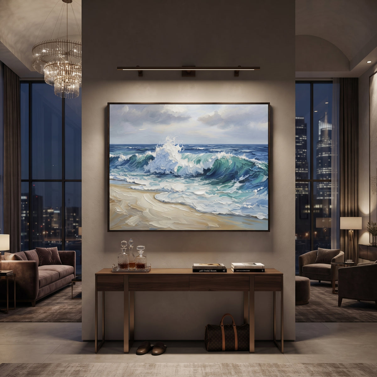 Stormy Blue Beach Wave focuses on this hand-painted textured canvas features layered water movement, raised seafoam ridges, shoreline texture, and coastal color depth. The composition is described from the actual main image, so the visible subject, color balance, spacing, and surface movement stay specific to this product instead of reading like a batch title. Raised palette-knife layers, sculpted impasto ridges, softened brush transitions, and tactile handmade texture give the canvas