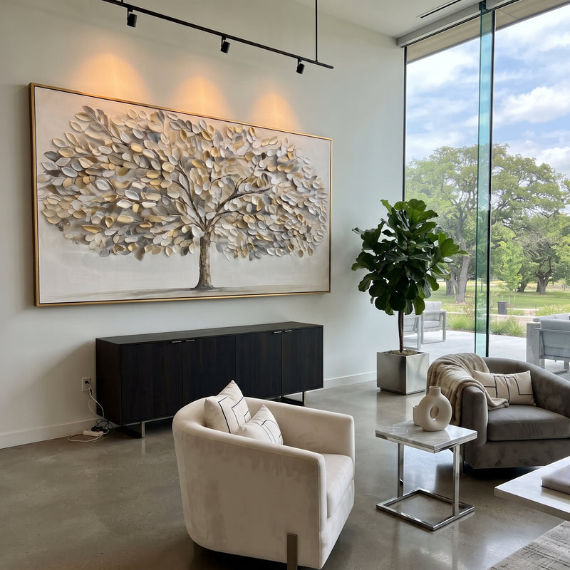 "Silver Leaf Tree Relief" - Modern Heavy Impasto Floral Abstract | Orange & Black Palette Knife Painting | Luxury Horizontal Wall Art #PT 1865