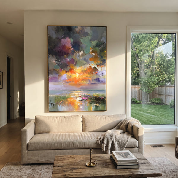 "Violet Sunset Marsh" - Modern Heavy Impasto Topographic Abstract | Blue & Orange Palette Knife Painting | Luxury Vertical Wall Art #PT 1866