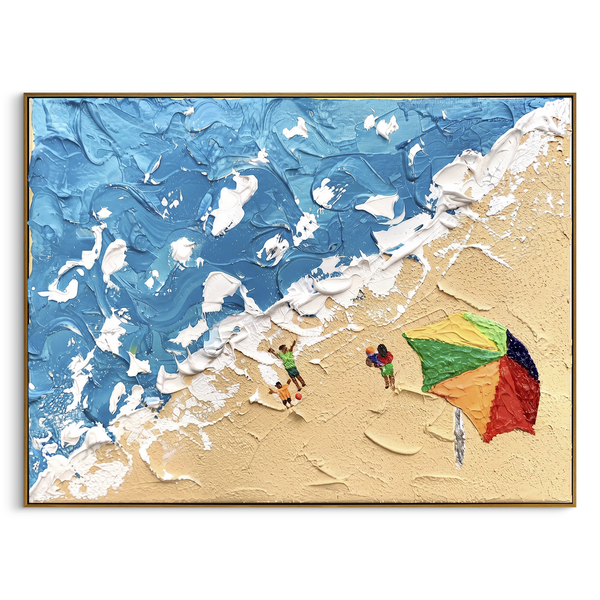 Beach Umbrella Surf Relief focuses on this hand-painted textured canvas features layered water movement, raised seafoam ridges, shoreline texture, and coastal color depth. The composition is described from the actual main image, so the visible subject, color balance, spacing, and surface movement stay specific to this product instead of reading like a batch title. Raised palette-knife layers, sculpted impasto ridges, softened brush transitions, and tactile handmade texture give the canvas
