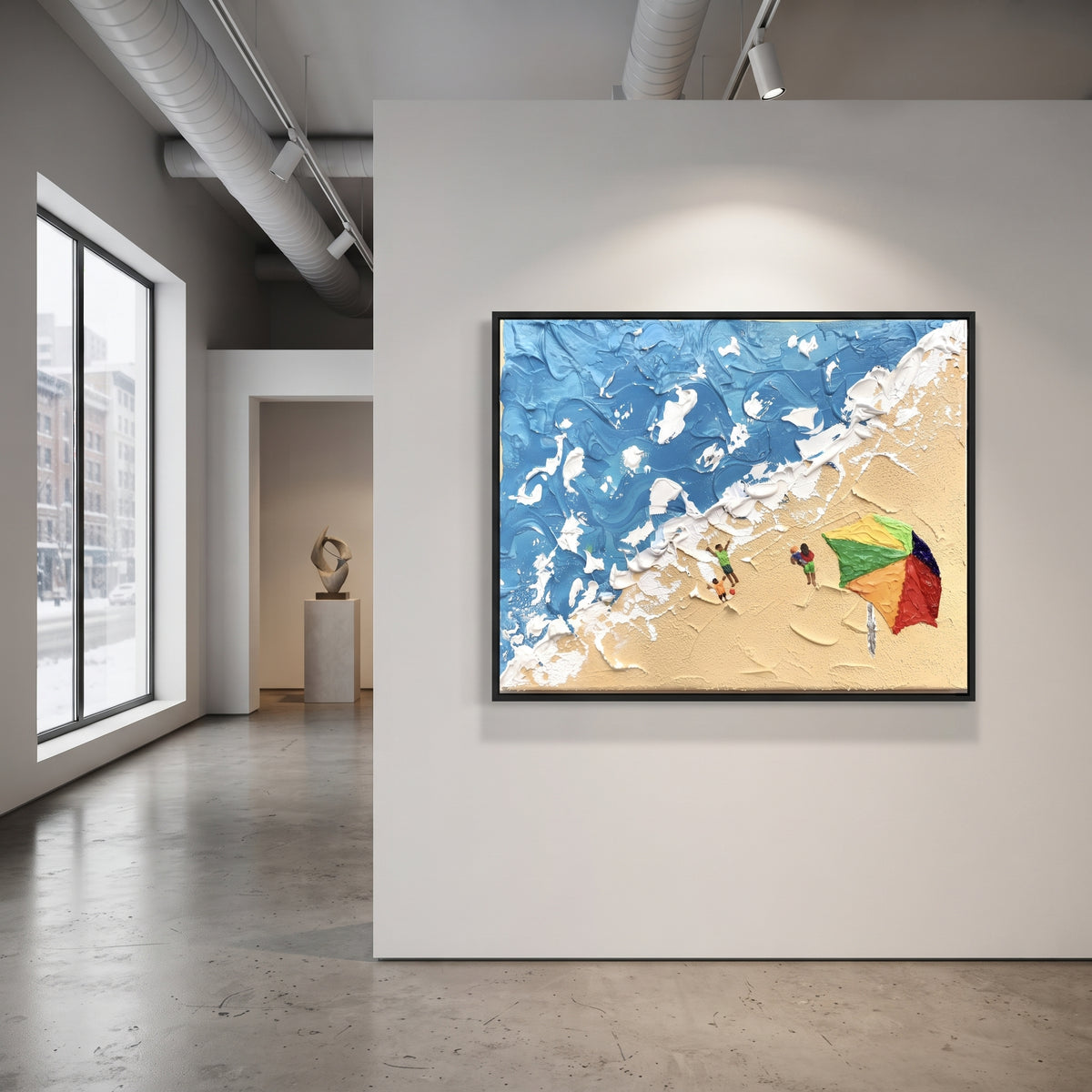 Beach Umbrella Surf Relief focuses on this hand-painted textured canvas features layered water movement, raised seafoam ridges, shoreline texture, and coastal color depth. The composition is described from the actual main image, so the visible subject, color balance, spacing, and surface movement stay specific to this product instead of reading like a batch title. Raised palette-knife layers, sculpted impasto ridges, softened brush transitions, and tactile handmade texture give the canvas