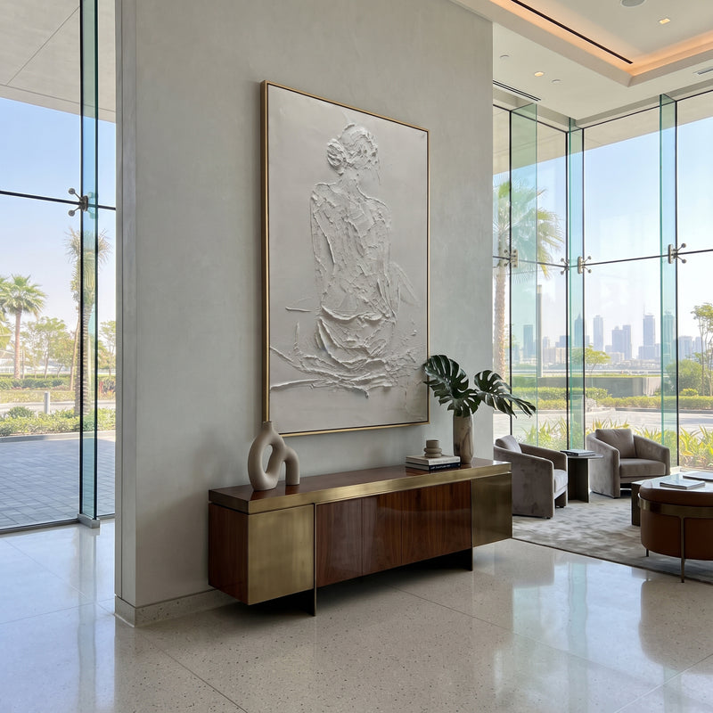 "White Seated Figure Relief" - Modern Heavy Impasto Coastal Landscape | Beige & White Palette Knife Painting | Luxury Vertical Wall Art #PT 1873
