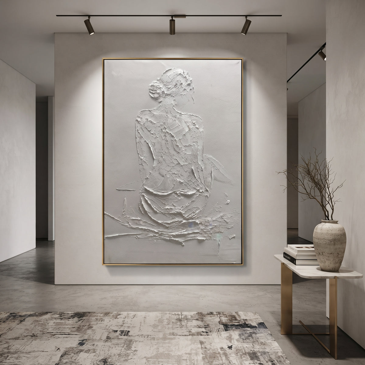 White Seated Figure Relief focuses on this hand-painted textured canvas features layered water movement, raised seafoam ridges, shoreline texture, and coastal color depth. The composition is described from the actual main image, so the visible subject, color balance, spacing, and surface movement stay specific to this product instead of reading like a batch title. Raised palette-knife layers, sculpted impasto ridges, softened brush transitions, and tactile handmade texture give the canvas
