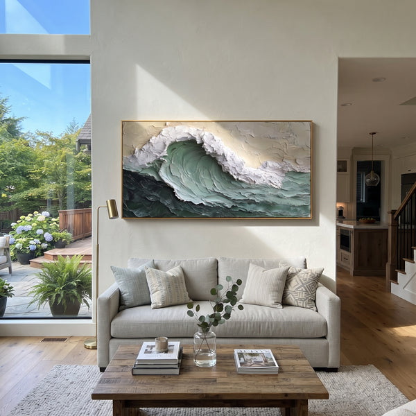 "Emerald Curling Wave Relief" - Modern Heavy Impasto Ocean Wave Seascape | Green & Black Palette Knife Painting | Luxury Horizontal Wall Art #PT 1876