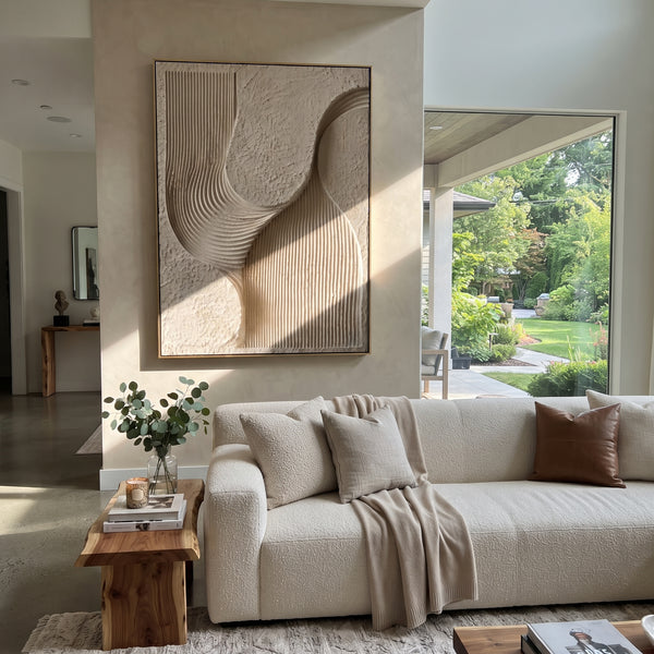 "Ribbed Beige Arch Relief" - Modern Heavy Impasto Geometric Abstract | Orange & Black Palette Knife Painting | Luxury Vertical Wall Art #PT 1879