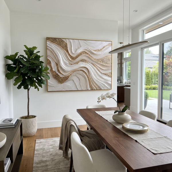 "White Gold Flowing Ribbon Relief" - Modern Heavy Impasto Geometric Abstract | Orange & Black Palette Knife Painting | Luxury Horizontal Wall Art #PT 1881