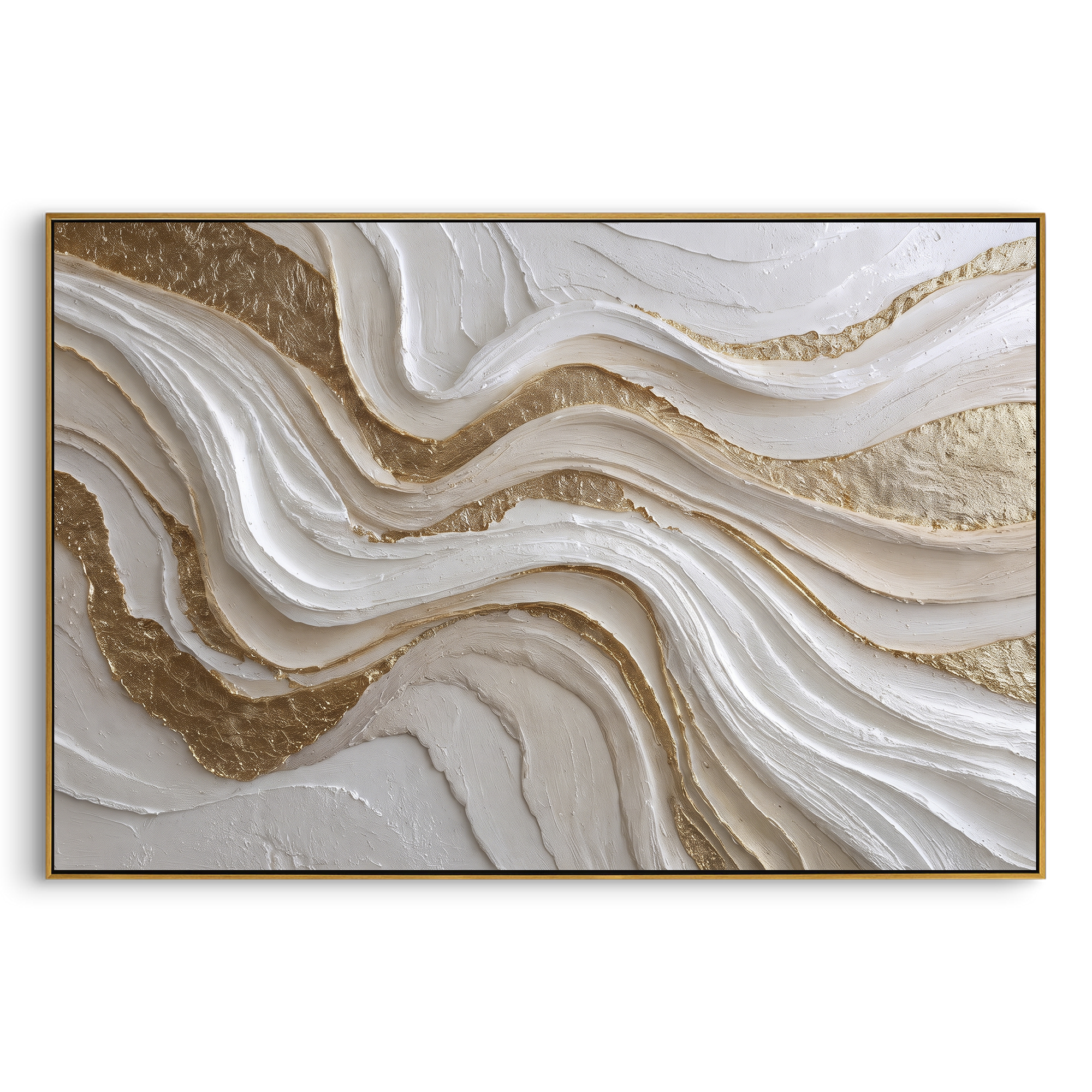 White Gold Flowing Ribbon Relief focuses on this hand-painted textured canvas features abstract forms, carved edges, layered plaster surfaces, and measured geometric movement. The composition is described from the actual main image, so the visible subject, color balance, spacing, and surface movement stay specific to this product instead of reading like a batch title. Raised palette-knife layers, sculpted impasto ridges, softened brush transitions, and tactile handmade texture give the canvas