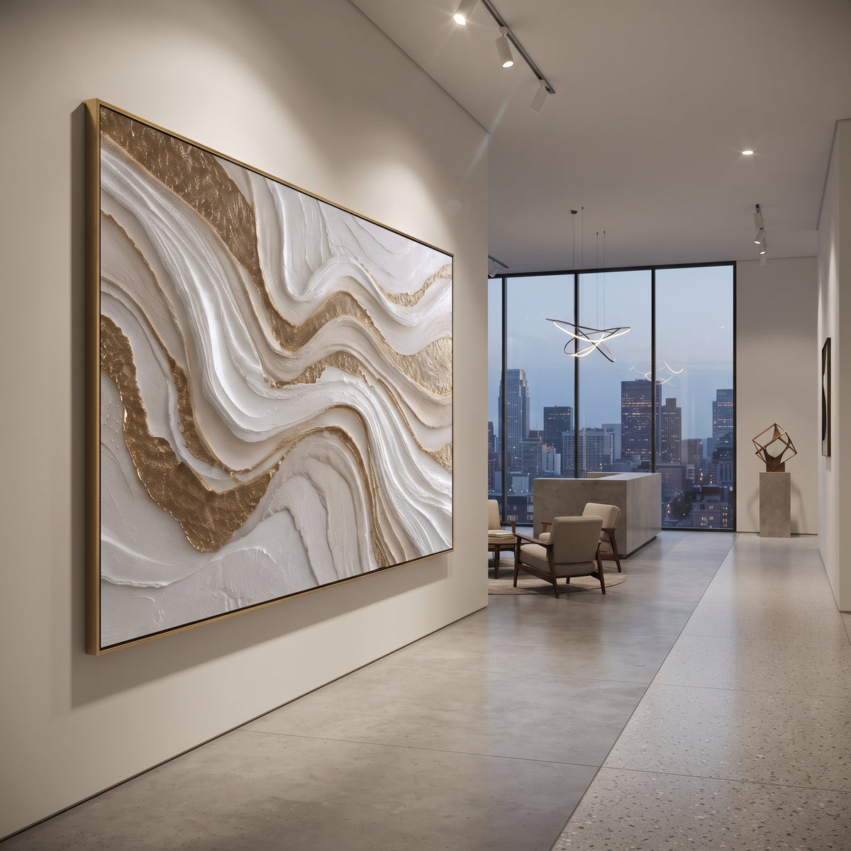 White Gold Flowing Ribbon Relief focuses on this hand-painted textured canvas features abstract forms, carved edges, layered plaster surfaces, and measured geometric movement. The composition is described from the actual main image, so the visible subject, color balance, spacing, and surface movement stay specific to this product instead of reading like a batch title. Raised palette-knife layers, sculpted impasto ridges, softened brush transitions, and tactile handmade texture give the canvas