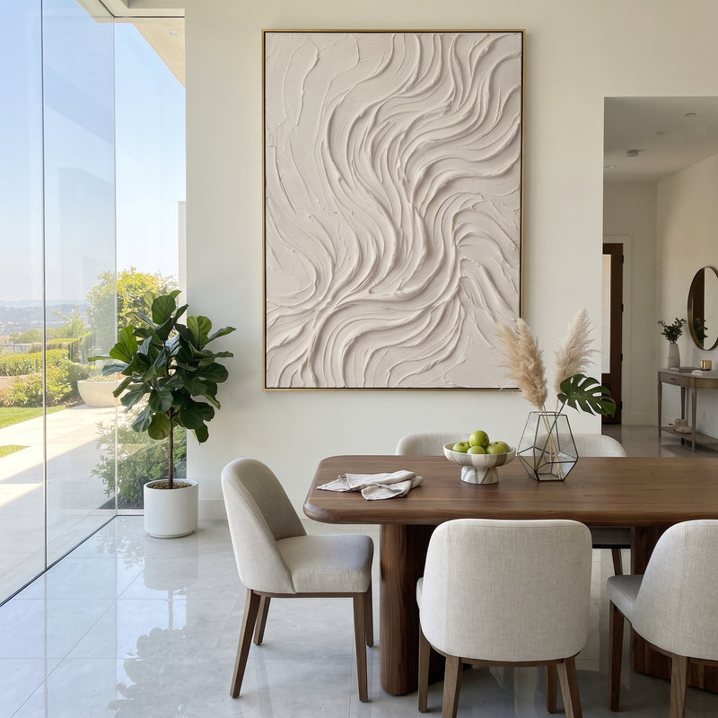 "Ivory Swirl Plaster Relief" - Modern Heavy Impasto Geometric Abstract | Beige & White Palette Knife Painting | Luxury Vertical Wall Art #PT 1882