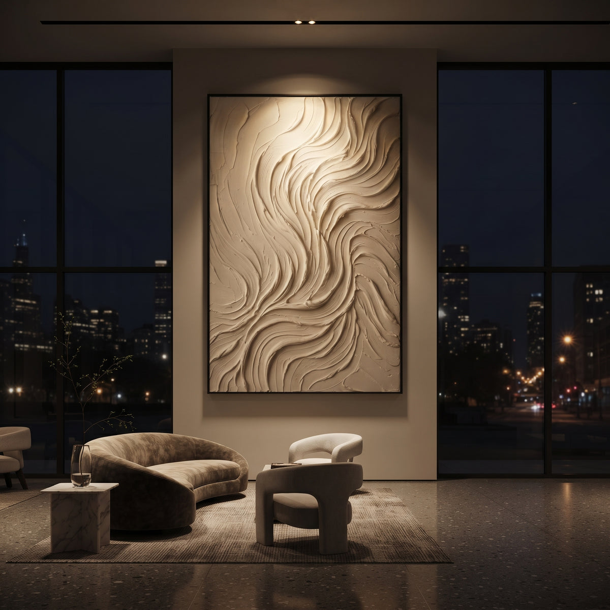 Ivory Swirl Plaster Relief focuses on this hand-painted textured canvas features abstract forms, carved edges, layered plaster surfaces, and measured geometric movement. The composition is described from the actual main image, so the visible subject, color balance, spacing, and surface movement stay specific to this product instead of reading like a batch title. Raised palette-knife layers, sculpted impasto ridges, softened brush transitions, and tactile handmade texture give the canvas