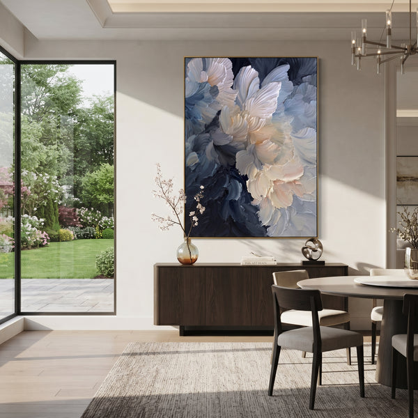 "Dark Blue Peony Relief" - Modern Heavy Impasto Floral Abstract | Blue & Orange Palette Knife Painting | Luxury Vertical Wall Art #PT 1883