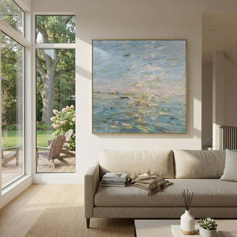 "Light Blue Horizon Texture" - Modern Heavy Impasto Topographic Abstract | Blue & Orange Palette Knife Painting | Luxury Square Wall Art #PT 1884