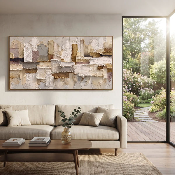 "Neutral Cubist Block Relief" - Modern Heavy Impasto Geometric Abstract | Orange & Black Palette Knife Painting | Luxury Horizontal Wall Art #PT 1885