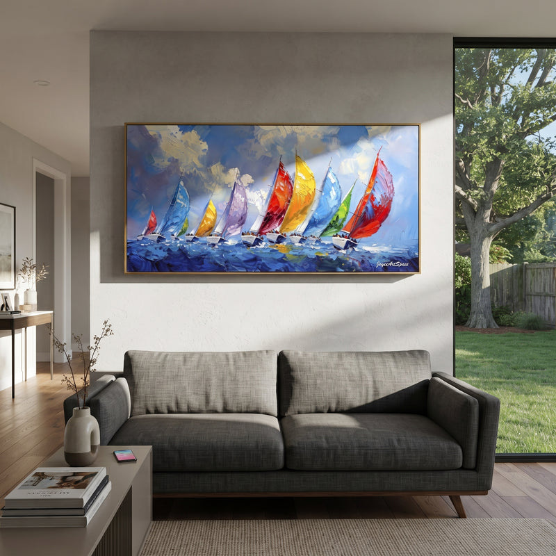 "Rainbow Sailboat Regatta" - Modern Heavy Impasto Sailboat Seascape | Blue & Orange Palette Knife Painting | Luxury Horizontal Wall Art #PT 1887