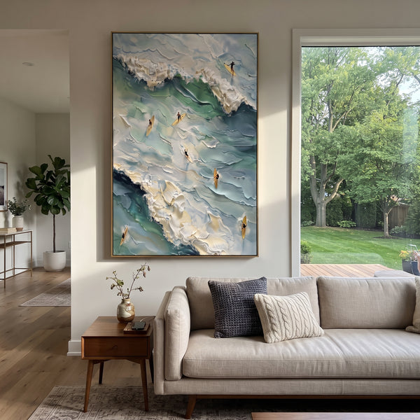 "Aerial Surfer Wave Relief" - Modern Heavy Impasto Beach Figure Artwork | Blue & Black Palette Knife Painting | Luxury Vertical Wall Art #PT 1889