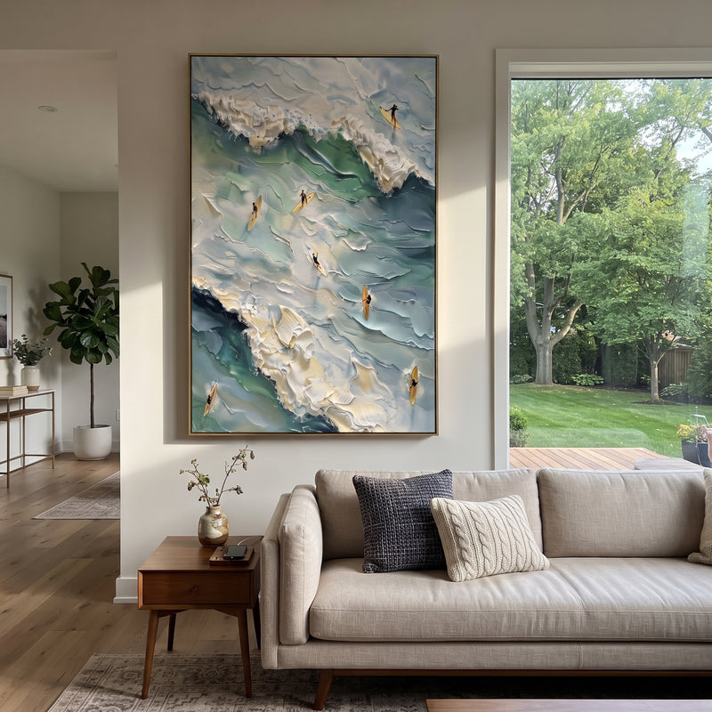 "Aerial Surfer Wave Relief" - Modern Heavy Impasto Beach Figure Artwork | Blue & Black Palette Knife Painting | Luxury Vertical Wall Art #PT 1889