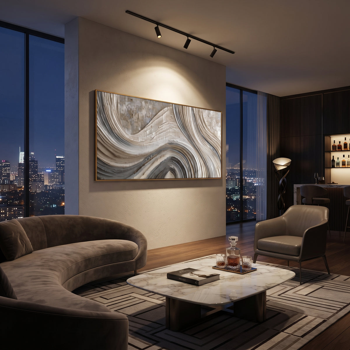 Grey White Marble Flow Relief focuses on this hand-painted textured canvas features abstract forms, carved edges, layered plaster surfaces, and measured geometric movement. The composition is described from the actual main image, so the visible subject, color balance, spacing, and surface movement stay specific to this product instead of reading like a batch title. Raised palette-knife layers, sculpted impasto ridges, softened brush transitions, and tactile handmade texture give the canvas