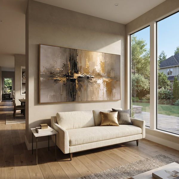 "Gold Black Abstract Shoreline" - Modern Heavy Impasto Coastal Landscape | Orange & Beige Palette Knife Painting | Luxury Horizontal Wall Art #PT 1891