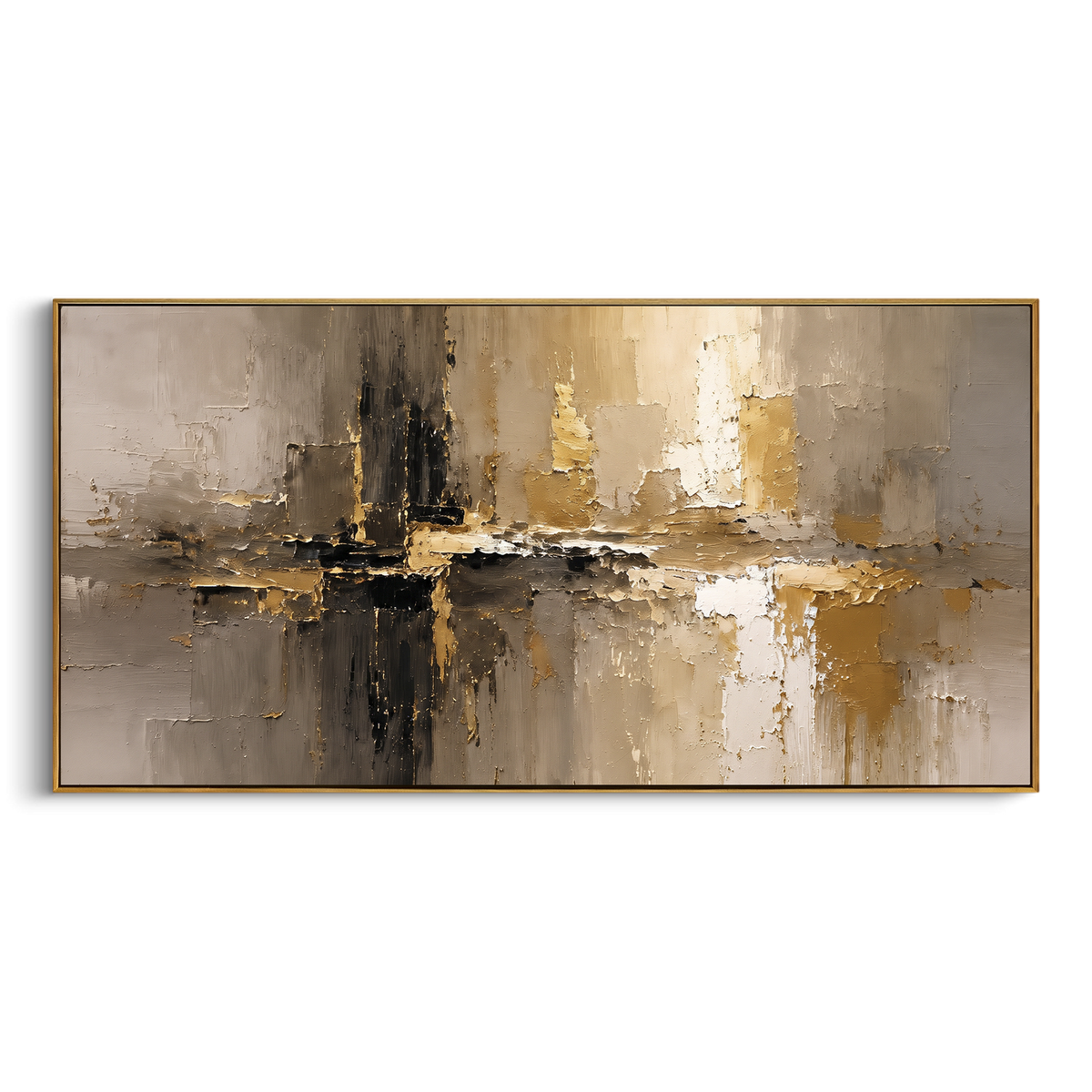 Gold Black Abstract Shoreline focuses on this hand-painted textured canvas features layered water movement, raised seafoam ridges, shoreline texture, and coastal color depth. The composition is described from the actual main image, so the visible subject, color balance, spacing, and surface movement stay specific to this product instead of reading like a batch title. Raised palette-knife layers, sculpted impasto ridges, softened brush transitions, and tactile handmade texture give the canvas