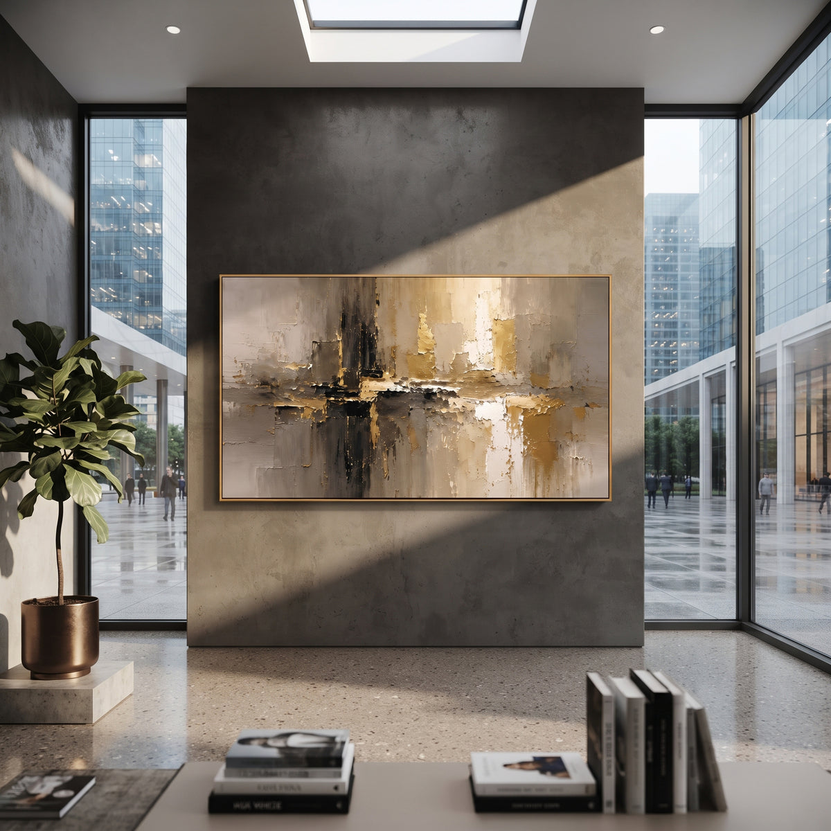 Gold Black Abstract Shoreline focuses on this hand-painted textured canvas features layered water movement, raised seafoam ridges, shoreline texture, and coastal color depth. The composition is described from the actual main image, so the visible subject, color balance, spacing, and surface movement stay specific to this product instead of reading like a batch title. Raised palette-knife layers, sculpted impasto ridges, softened brush transitions, and tactile handmade texture give the canvas