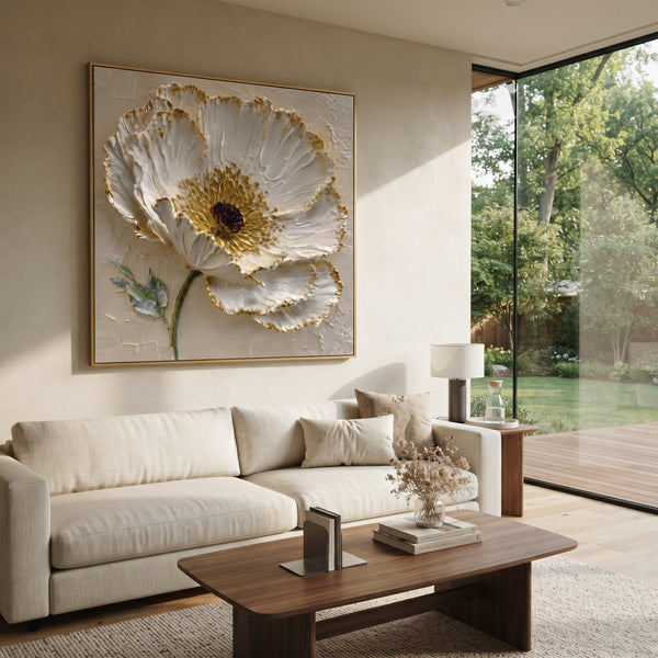 "White Anemone Flower Relief" - Modern Heavy Impasto Floral Abstract | Orange & Beige Palette Knife Painting | Luxury Square Wall Art #PT 1892