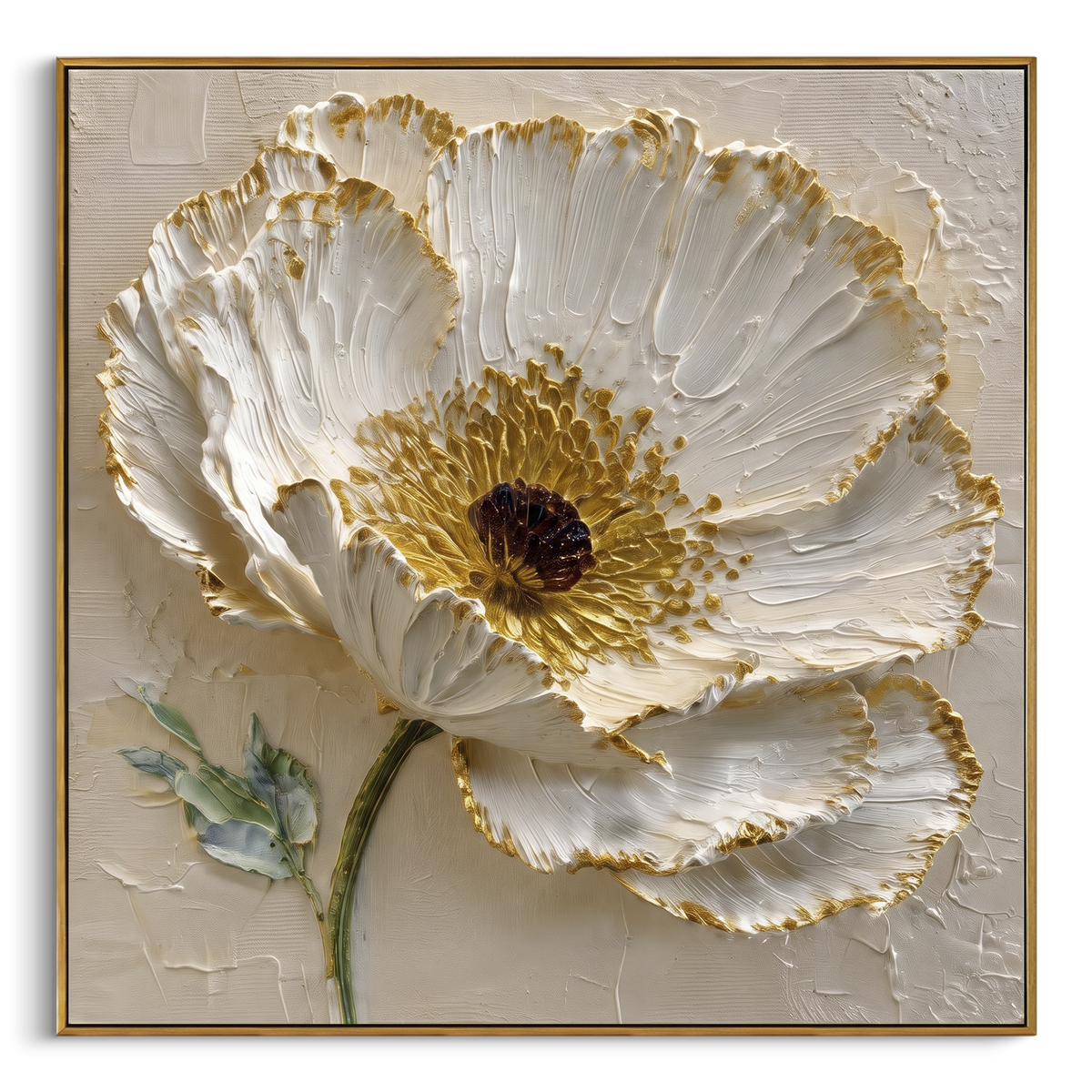 White Anemone Flower Relief focuses on this hand-painted textured canvas features sculpted petals, botanical contours, raised floral texture, and soft organic movement. The composition is described from the actual main image, so the visible subject, color balance, spacing, and surface movement stay specific to this product instead of reading like a batch title. Raised palette-knife layers, sculpted impasto ridges, softened brush transitions, and tactile handmade texture give the canvas