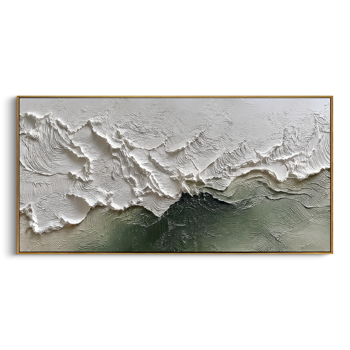 Green Ridge Wave Relief focuses on this hand-painted textured canvas features layered water movement, raised seafoam ridges, shoreline texture, and coastal color depth. The composition is described from the actual main image, so the visible subject, color balance, spacing, and surface movement stay specific to this product instead of reading like a batch title. Raised palette-knife layers, sculpted impasto ridges, softened brush transitions, and tactile handmade texture give the canvas