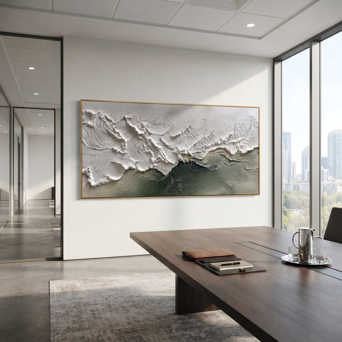 Green Ridge Wave Relief focuses on this hand-painted textured canvas features layered water movement, raised seafoam ridges, shoreline texture, and coastal color depth. The composition is described from the actual main image, so the visible subject, color balance, spacing, and surface movement stay specific to this product instead of reading like a batch title. Raised palette-knife layers, sculpted impasto ridges, softened brush transitions, and tactile handmade texture give the canvas