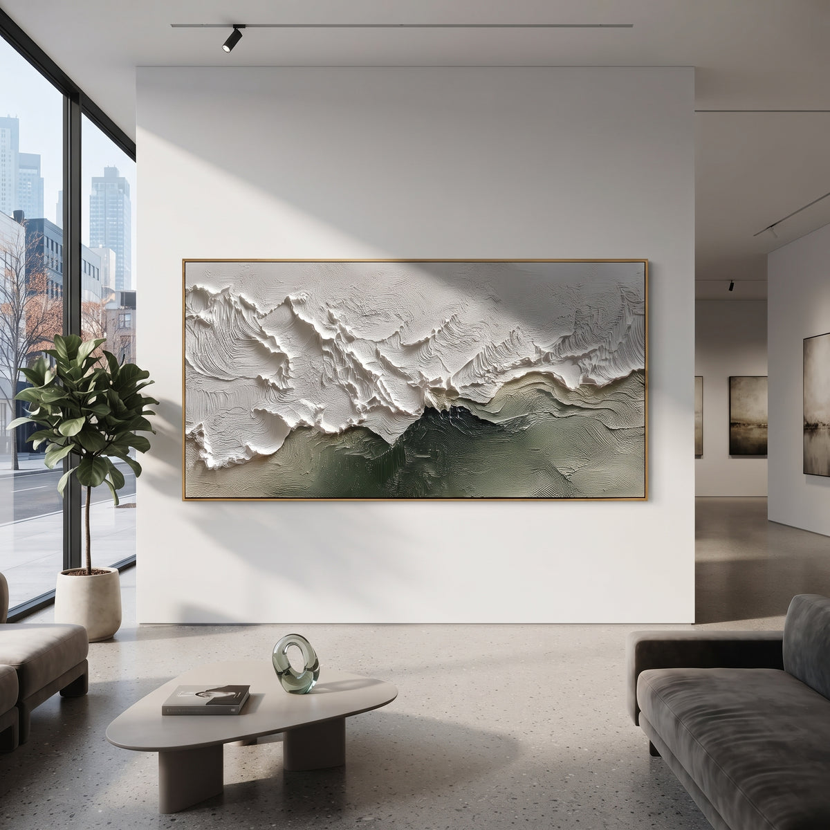 Green Ridge Wave Relief focuses on this hand-painted textured canvas features layered water movement, raised seafoam ridges, shoreline texture, and coastal color depth. The composition is described from the actual main image, so the visible subject, color balance, spacing, and surface movement stay specific to this product instead of reading like a batch title. Raised palette-knife layers, sculpted impasto ridges, softened brush transitions, and tactile handmade texture give the canvas